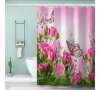 MEVASA Rideau de Douche 120x200 Anti-moisissure Lavables Rideau de Douche Rose Papillon Rideau Baignoire Polyester Imperméable Tissu Rideau de Douche avec 12 Crochets