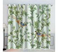 MEVASA Rideaux Bambou Oiseau Vert Rideau Occultant Lot de 2 Opaque Rideaux Oeillet Salon Baie Vitrée 3D Motif Polyester Rideau Hauteur 200 x Largeur 200 cm LxH