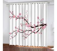 MEVASA Rideaux Fleurs Japonaises Blanc Rideau Occultant Lot de 2 Opaque Rideaux Oeillet Salon Baie Vitrée 3D Motif Polyester Rideau Hauteur 200 x Largeur 200 cm LxH