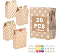Mevronisshop-20 Pièces Sac En Papier Kraft, Sachet Bonbons Anniversaire Colorés Sac Papier Cadeau Avec 36 Autocollants Petit Cadeau Pour Célébrations De Fête, Mariage, Anniversaire, Noël