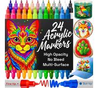 Mevronisshop-24 Feutres De Peinture Acrylique, Stylos De Dessin Ensemble D'art Marqueurs De Peinture Acrylique À Double Pointe (Fine 1 Mm + Point 5 Mm) Pour Tissu, Toile, Roche, Verre, Bois, Papier