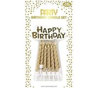 Mevronisshop-26577-Gc - Un Lot De 12 Bougies D'anniversaire + 12 Porte-Bougies + Un Support ""Happy Birthday""- Couleur : Or - Bougies D'anniversaire, Anniversaire, Happy Birthday