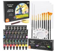 Mevronisshop-46pcs Kit Peinture Acrylique, 30 Couleurs De Peinture Acrylique Tube Inclus 30x12ml De Pigments Non Toxique Et Bien Recouvrement, 10 Pinceaux 3 Toiles Peinture, Idéal Sur Toile Tissu,Ver