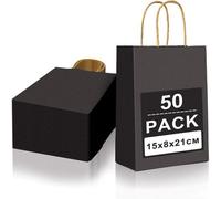 Mevronisshop-50 Pcs Petit Sac En Papier Kraft Avec Poignée, Noir Sac Cadeau 15x8x21cm, Pochette Papier Sacs Cadeaux, Sachet Kraft Pour Fête Noël Mariage Anniversaire
