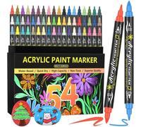 Mevronisshop-54 Couleurs Feutre Marqueur Peinture Acrylique-Acrylic Paint Marker Stylo Peinture Acrylique Pointe Fine & Pinceau Pour Roche Tissu Pierre Bois Verre Papier Plastique