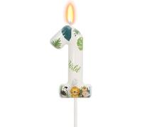 Mevronisshop-Bougie Décorative Numéro 1 Avec Feuilles Tropicales Et Animaux Mignons Pour Le Premier Anniversaire De La Jungle Sauvage, Thème Animal, Pour Fête D'anniversaire Des Enfants