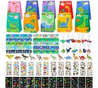 MEVRONISSHOP-Coffret Dino de 80 pièces pour fête d¿anniversaire ¿ Mini dinosaures, autocollants 3D, tatouages lumineux, bracelets claques, porte-clés et sacs-cadeaux pour enfants dès 3 ans