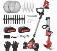 MEVRONISSHOP-Débroussailleuse Électrique sans Fil 21V avec Roues ¿ Coupe-Bordure Léger et Pliable, 3 Types de Lames, 2 Batteries 2.0Ah, Chargeur Rapide ¿ pour Jardin, Pelouse, Herbe et Bordures (YKEU