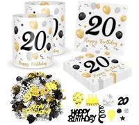 Mevronisshop-Décoration 20e Anniversaire - 20 Serviettes, 12 Lanternes De Table, 500 Confettis Or Noir - Happy Birthday 20 Ans