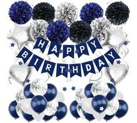 Mevronisshop-Décorations D'anniversaire - Bannière « Happy Birthday », Pompons - Pour Garçons, Filles, Hommes, Femmes (Bleu Marine, Noir, Argenté)