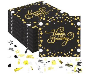 Mevronisshop-Finemark Lot De 100 Serviettes Happy Birthday, 33 X 33 Cm, Noires Et Dorées, Décoration De Table Pour Anniversaire Et Anniversaire, Confettis De Table, Pour Garçon Et Fille, Noires