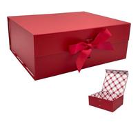 Mevronisshop-Grand Boîte Cadeau Rouge 33.5x27x12.5 Cm, Boîte Cadeau Haut De Gamme Avec Couvercle Magnétique Et Ruban Pour Emballage Cadeau De Vacances, Mariage, Anniversaire, Doublure À Carreaux