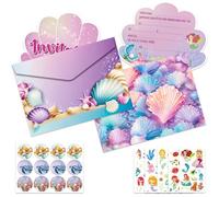 Mevronisshop-Invitation Anniversaire Fille, 12 Cartes D'invitation Sirène Coquillage En Français Avec Enveloppes Et Autocollants, 5 Tatouages De Papillons, Invitation D'anniversaire Enfant Fille