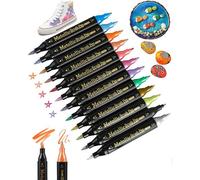 Mevronisshop-Lot De 12 Stylos Métalliques - Feutres À Pointe Fine Et Marqueur Double Pointe - Stylos À Paillettes Étanches - Stylos Acryliques - Stylo Doré Pour Écrire Un Livre D'or, Scrapbooking, Bo