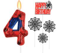 Mevronisshop-Lot De 4 Bougies D'anniversaire, En Forme De Chiffre, Décoration D'araignée, Avec Toile D'araignée, Bleu Et Rouge, Pour Garçons Et Filles, Pour Le 4e Anniversaire