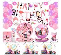 Mevronisshop-Maquillage Pour Spa Party Supplie,Fille Anniversaire Maquillage Décorations Set-Fournitures De Fête De Spa Assiettes De Fête Spa Tasses Serviettes Nappe Ballon Et Spa Photo Booth Props P