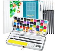 Mevronisshop-Palette D¿Aquarelle En Godets 50 Couleurs ¿ Boîte Métallique Portable ¿ Classiques, Métalliques, Macarons & Fluorescentes ¿ Set Avec Pinceau & 10 Feuilles ¿ Idéal Débutants & Artistes
