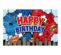 MEVRONISSHOP-Toile d'Araignée Décorative, 152x100cm Bannière Dessin Animé Joyeux Anniversaire en Toile d'Araignée Rouge et Bleue pour Fête d'anniversaire de Garçon