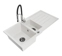 Mexen Andres Évier en granit 1,5 bac avec égouttoir et robinet de cuisine Aster, blanc - 6515-20-73450-07-B 19289 5905315047571