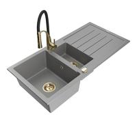 Mexen Andres évier en granit 1,5 bac avec égouttoir et robinet de cuisine Aster, gris - 6515-71-73450-57-G 19300 5905315047700