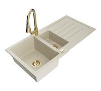Mexen Andres évier en granit 1,5 bac avec égouttoir et robinet de cuisine Elia, beige - 6515-69-670101-50 20007 5905315031037
