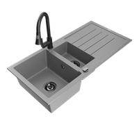 Mexen Andres évier en granit 1,5 bac avec égouttoir et robinet de cuisine Elia, gris - 6515-71-670101-70-B 20017 5905315031082