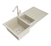 Mexen Andres évier en granit 1,5 bac avec égouttoir et robinet de cuisine Flora, beige - 6515-69-670401-09 21023 5905315062062