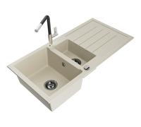 Mexen Andres évier en granit 1,5 bac avec égouttoir et robinet de cuisine Flora, beige - 6515-69-670401-07-B 21022 5905315062055