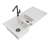 Mexen Andres évier en granit 1,5 bac avec égouttoir et robinet de cuisine Flora, blanc - 6515-20-670401-70-B 21019 5905315062024