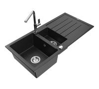Mexen Andres évier en granit 1,5 bassins avec égouttoir et robinet de cuisine Flora, noir/argent - 6515-73-670401-00 21034 5905315062178