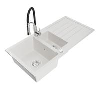 Mexen Andres évier en granit 1,5 cuve avec égouttoir et robinet de cuisine Aster, blanc - 6515-20-73450-07 19288 5905315047564