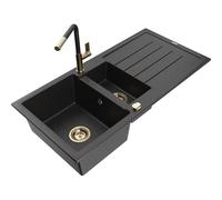 Mexen Andres évier en granit 1,5 cuves avec égouttoir et robinet de cuisine Flora, noir/argent - 6515-73-670401-57-G 21037 5905315062208