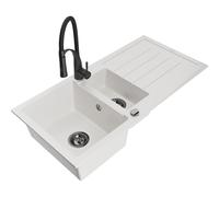 Mexen Andres évier en granit à 1,5 bac avec égouttoir et robinet de cuisine Aster, blanc - 6515-20-73450-70-B 19292 5905315047601