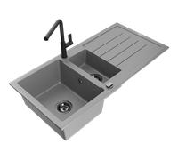 Mexen Andres évier en granite 1,5 cuves avec égouttoir et robinet de cuisine Flora, gris - 6515-71-670401-70-B 21033 5905315062161