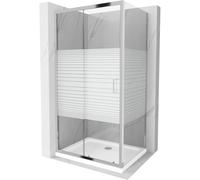 Mexen Apia cabine de douche coulissante 90 x 80 cm, bandes blanches, chrome + receveur Flat - 840-090-080-01-20-4010 4819 5907709176898