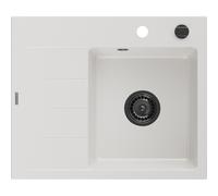 Mexen Ben évier en granit 1 bac avec égouttoir, à droite 600 x 500 mm, blanc, siphon noir - 6523605000-20-B 53280 5905315462213