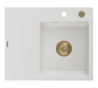 Mexen Ben Évier en granit 1 bac avec égouttoir, droit 600 x 500 mm, blanc, siphon doré - 6523605000-20-G 53273 5905315462145