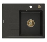 Mexen Ben évier en granit 1 bac avec égouttoir, droit 600 x 500 mm, noir/doré métallique, siphon doré - 6523605000-75-G 53277 5905315462183