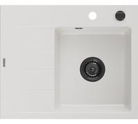 Mexen Ben Evier en granit à 1 niveau avec égouttoir à droite 600 x 500 mm, blanc, siphon noir - 6523605000-20-B