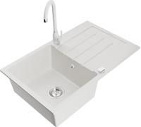 Mexen Bruno Evier 1 bac en granit avec égouttoir et mitigeur Telma, Blanc - 6513-20-670200-20