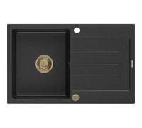 Mexen Bruno évier en granit 1 bac avec égouttoir 795 x 495 mm, noir/argent métallisé, siphon doré - 6513791010-73-G 16208 5905315012142