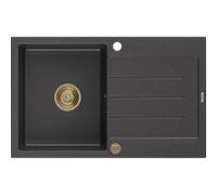 Mexen Bruno évier en granit 1 bac avec égouttoir 795 x 495 mm, noir moucheté, siphon doré - 6513791010-76-G 16210 5905315012166