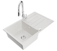 Mexen Bruno évier en granit 1 bac avec égouttoir et mitigeur d'évier Savita, blanc - 6513-20-672601-00 17728 5905315035448