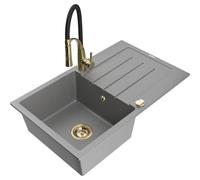 Mexen Bruno évier en granit 1 bac avec égouttoir et robinet de cuisine Aster, gris - 6513-71-73450-57-G 19227 5905315046864