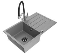 Mexen Bruno évier en granit 1-bac avec égouttoir et robinet de cuisine Duo, gris - 6513-71-671701-07-B 22858 5905315102003