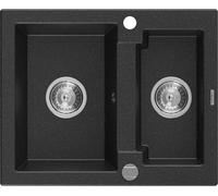 Mexen Carlos 1.5-bowl Granite Sink 582 x 475 mm, Black/Silver Metal, Siphon Chrome - 6518581500-73