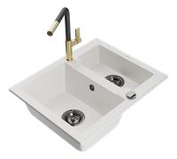 Mexen Carlos évier en granit 1,5 bac avec robinet de cuisine Flora, blanc - 6518-20-670401-57-B 21169 5905315063519