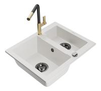 Mexen Carlos évier en granit 1,5 bac avec robinet de cuisine Flora, blanc - 6518-20-670401-57-B 21169 5905315063519