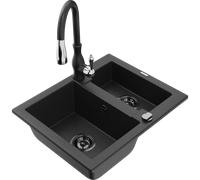 Mexen Carlos évier granit 1,5 bac avec robinet de cuisine Savita, noir/argent métallisé - 6518-73-672601-70-B 18298 5905315037206