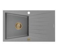 Mexen Cesar évier en granit 1 bac avec égouttoir 775 x 470 mm, gris, siphon doré - 6514771010-71-G 16276 5905315012203
